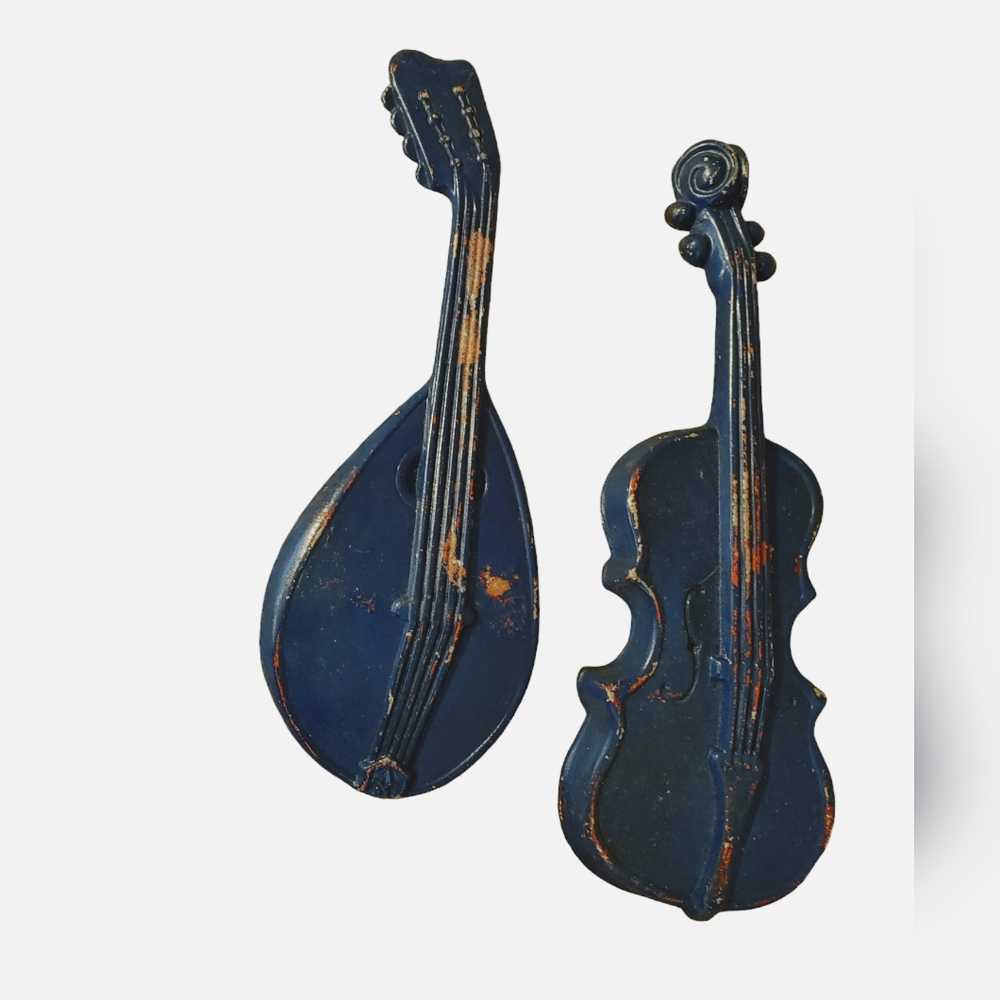 MCM Wall Art Instruments Bass and Banjo Blue W Remnants Older Paint Peeking Thru